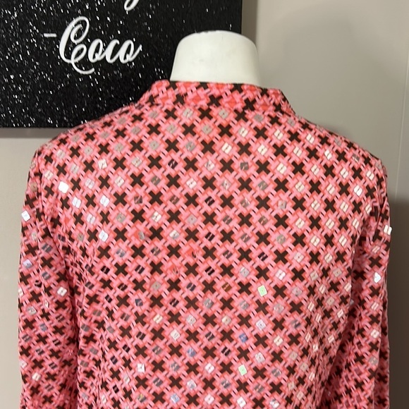 Tory Burch Boho Pink Printed Long Sleeve V Neck Blouse with Sequins Sz 8 - Picture 6 of 11